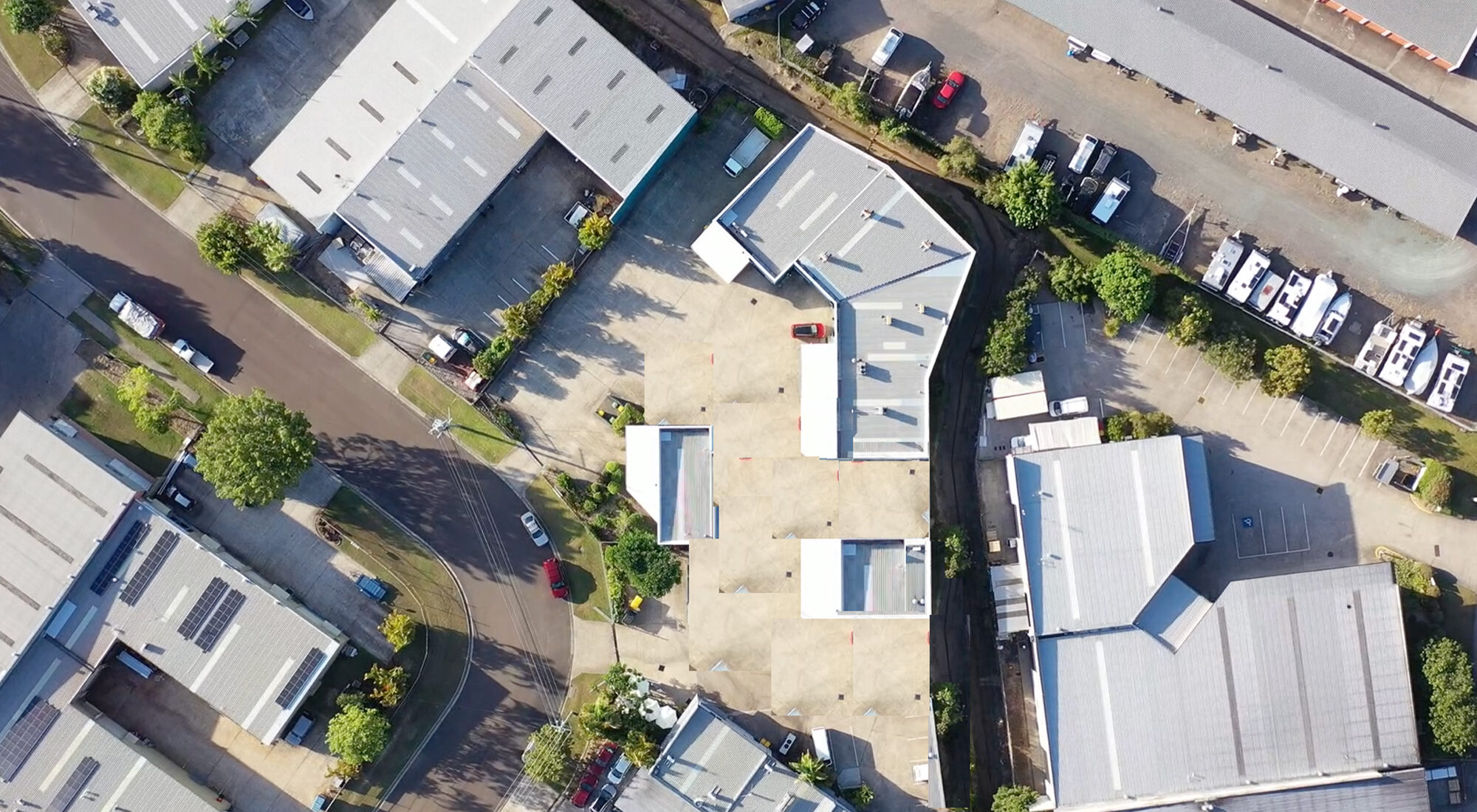 Birds eye view of an industrial precinct.